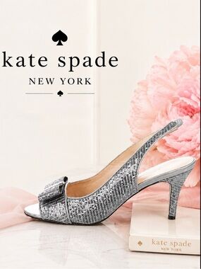KATE SPADE Krysta Silver Glitter Slingback Heels Pumps Bows Womens Size 8
